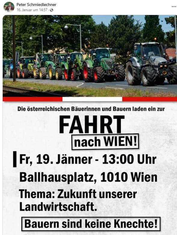 FPÖ-Abgeordneter mobilisiert für Bauernprotest mit Traktoren.